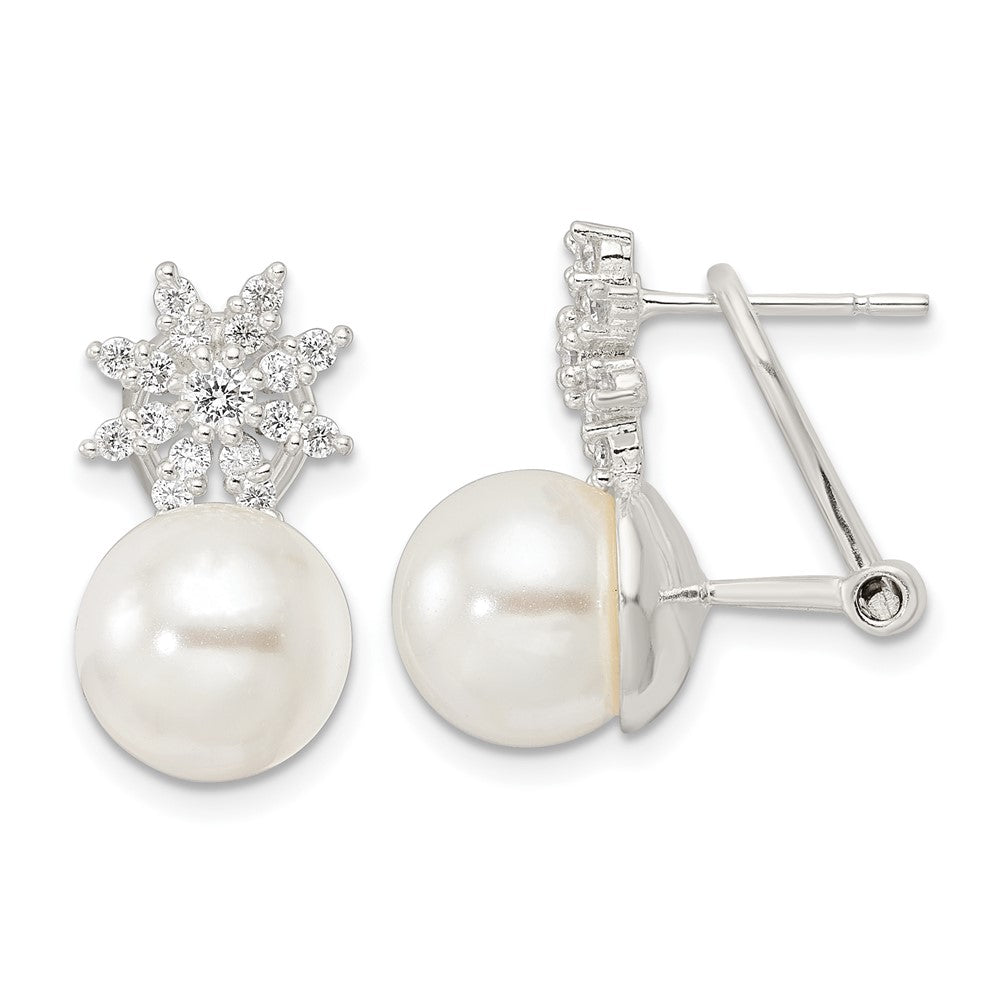 Sterlingsilber Imitat Muschel Perle und Zirkonia Blumen Omega Rückseite Ohrringe