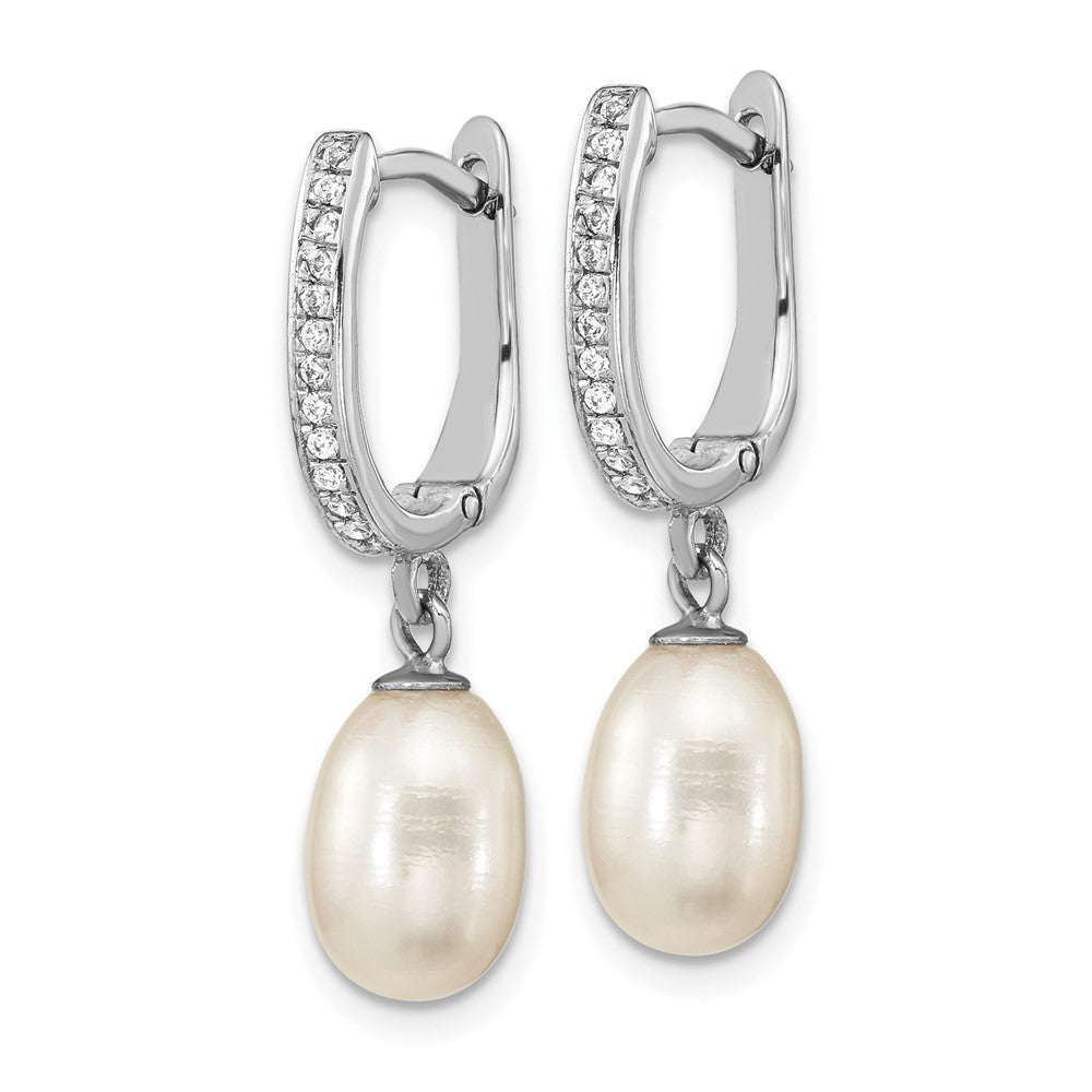 Sterlingsilber Rhodiniert Zirkonia 7 To 8mm Rice Fwc Perle Creole Hängend Ohrring