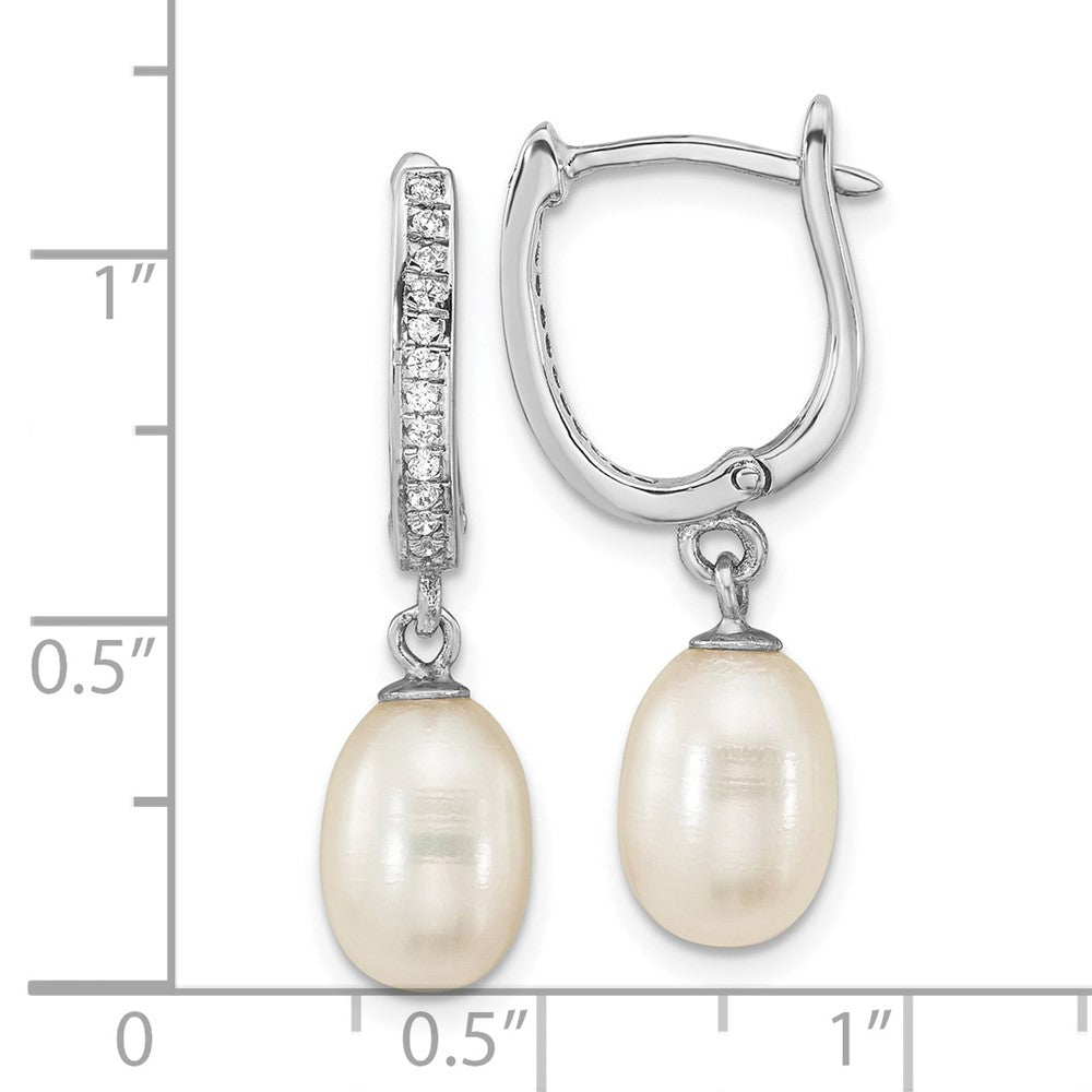 Sterlingsilber Rhodiniert Zirkonia 7 To 8mm Rice Fwc Perle Creole Hängend Ohrring