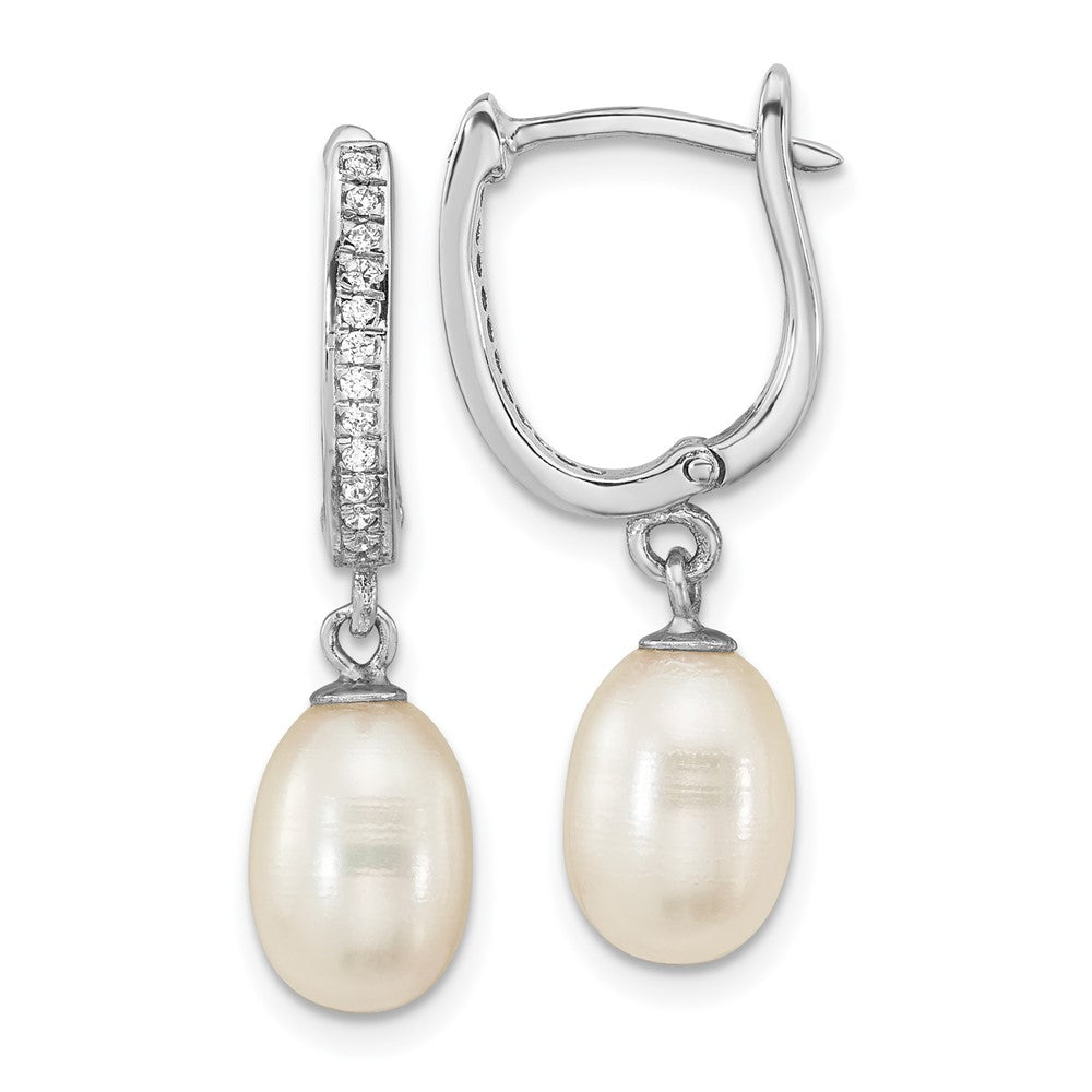 Sterlingsilber Rhodiniert Zirkonia 7 To 8mm Rice Fwc Perle Creole Hängend Ohrring