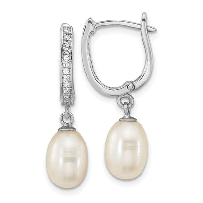 Sterlingsilber Rhodiniert Zirkonia 7 To 8mm Rice Fwc Perle Creole Hängend Ohrring