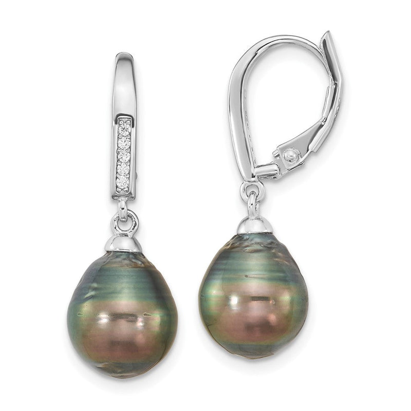 Sterlingsilber Rhodiniert Poliert 9-10mm Tahitian Salzwasser Perle & Zirkonia Brisur Ohrhänger