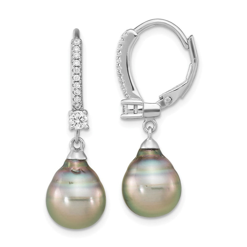 Sterlingsilber Rhodiniert Poliert 9-10mm Tahitian Salzwasser Perle & Zirkonia Brisur Ohrhänger