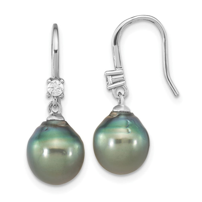 Sterlingsilber Rhodiniert Poliert 9-10mm Tahitian Salzwasser Perle & Zirkonia Ohrhänger