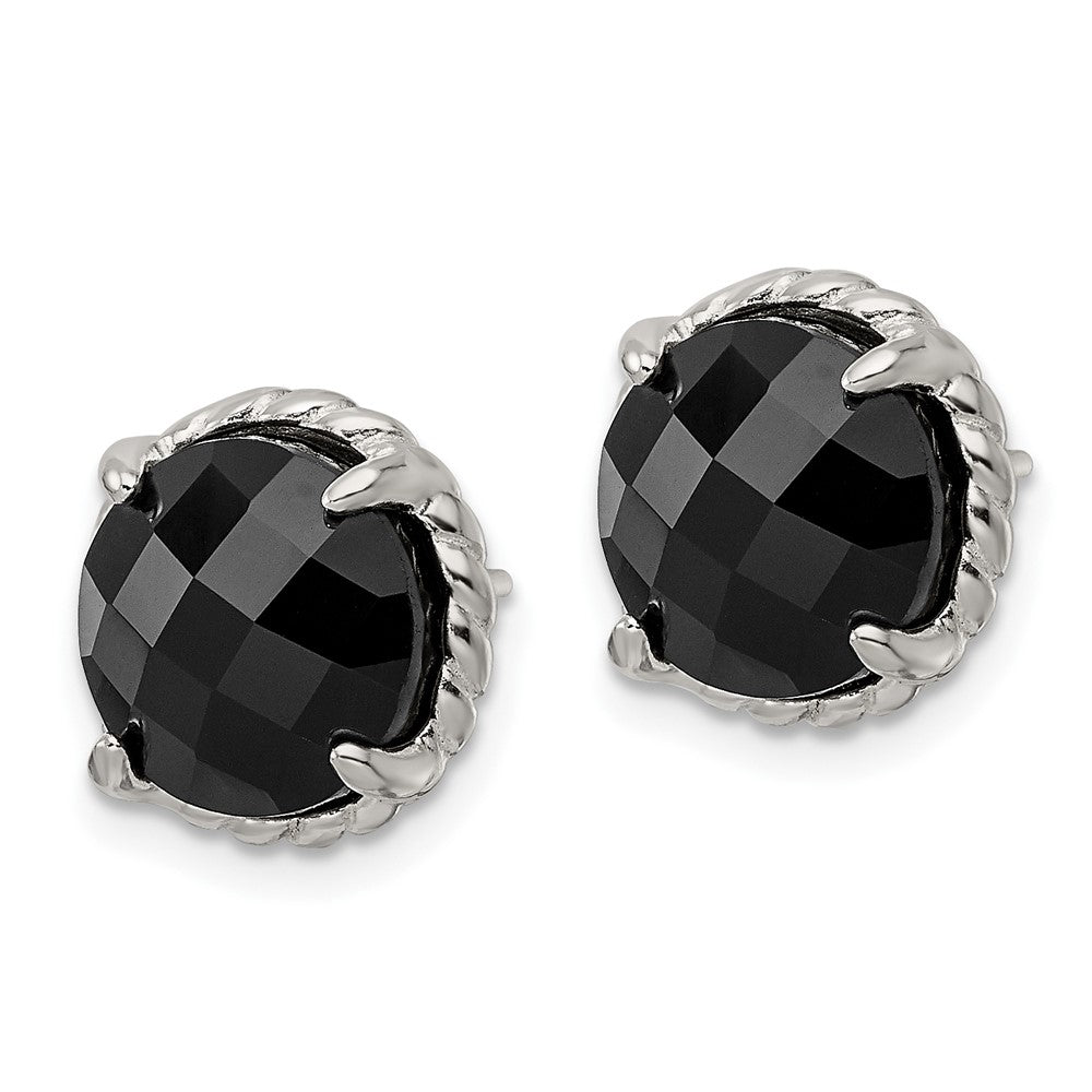 Sterlingsilber Poliert & Gedreht Kante Rund Onyx Ohrstecker