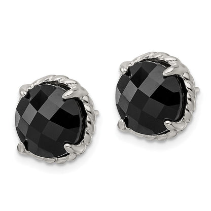 Sterlingsilber Poliert & Gedreht Kante Rund Onyx Ohrstecker