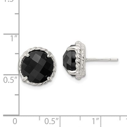Sterlingsilber Poliert & Gedreht Kante Rund Onyx Ohrstecker