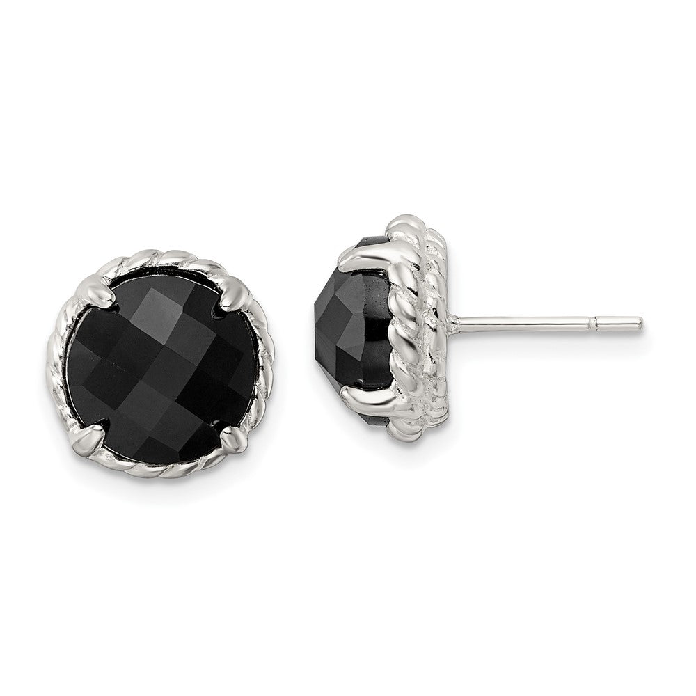 Sterlingsilber Poliert & Gedreht Kante Rund Onyx Ohrstecker