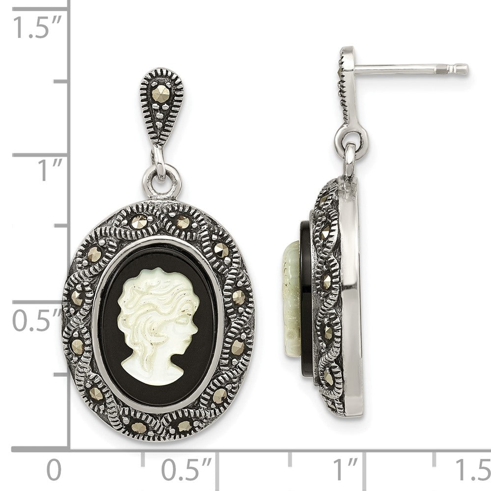 Sterlingsilber Antikisiert Schwarz Achat Markasit & Perlmutt Cameo Stecker Hängend Earr