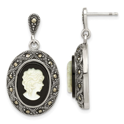 Sterlingsilber Antikisiert Schwarz Achat Markasit & Perlmutt Cameo Stecker Hängend Earr