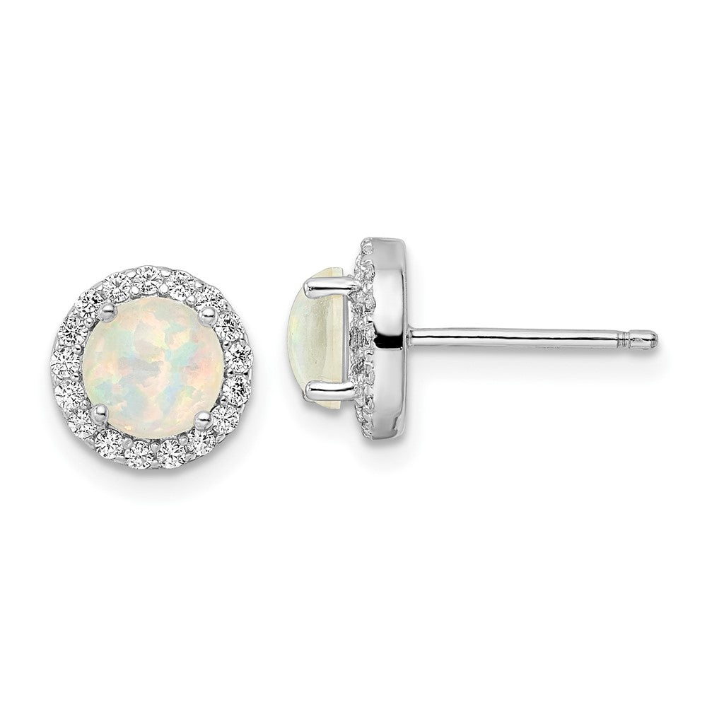 Sterlingsilber Rhodiniert Poliert Erzeugt Opal/cz Rund Heiligenschein Ohrstecker