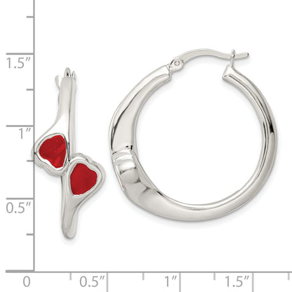 Sterlingsilber Poliert Rot Emaille Herzen Kreis Creolen