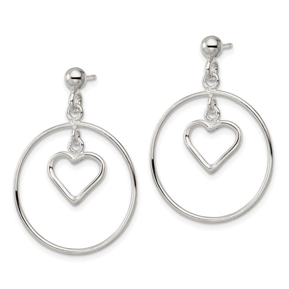 Sterlingsilber Poliert Kreis mit Hängend Herz Ohrstecker