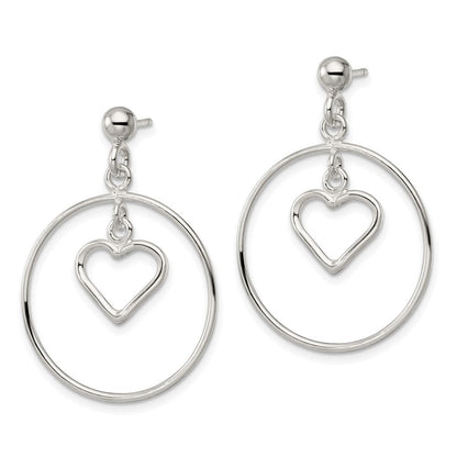 Sterlingsilber Poliert Kreis mit Hängend Herz Ohrstecker