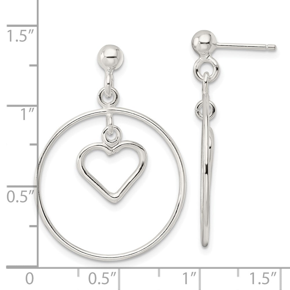 Sterlingsilber Poliert Kreis mit Hängend Herz Ohrstecker