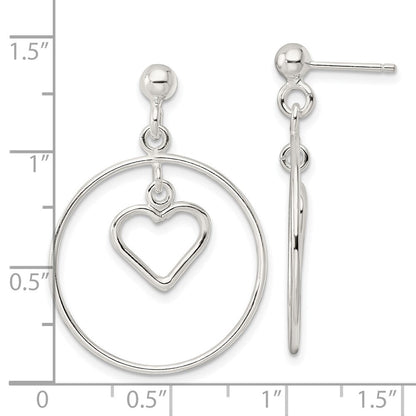 Sterlingsilber Poliert Kreis mit Hängend Herz Ohrstecker