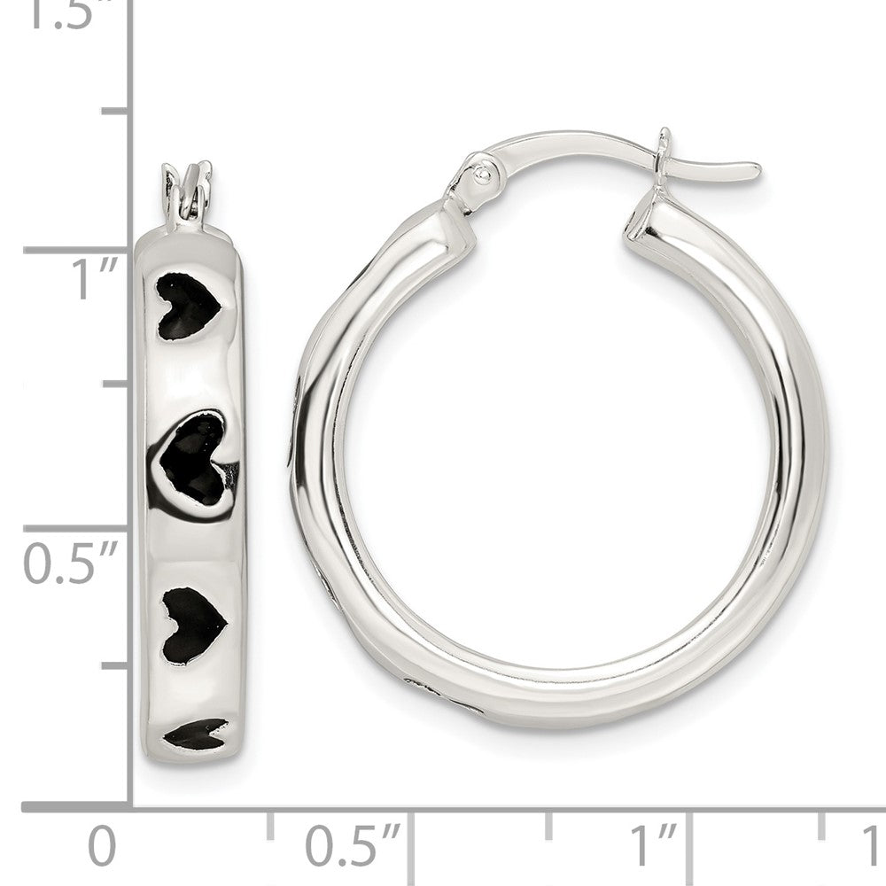 Sterlingsilber Poliert Schwarz Emailliert Herzen Kreis Creolen