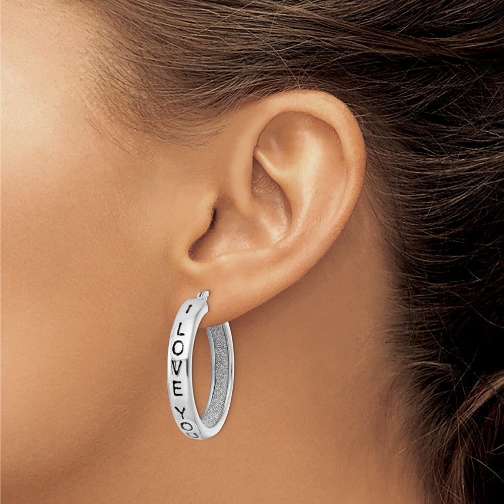 Sterlingsilber Rhodiniert Stoff Glitzer I Liebe You Creolen