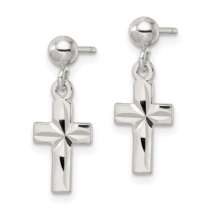 Sterlingsilber Poliert und Diamantiert Lateinisch Kreuz Stecker Ohrhänger