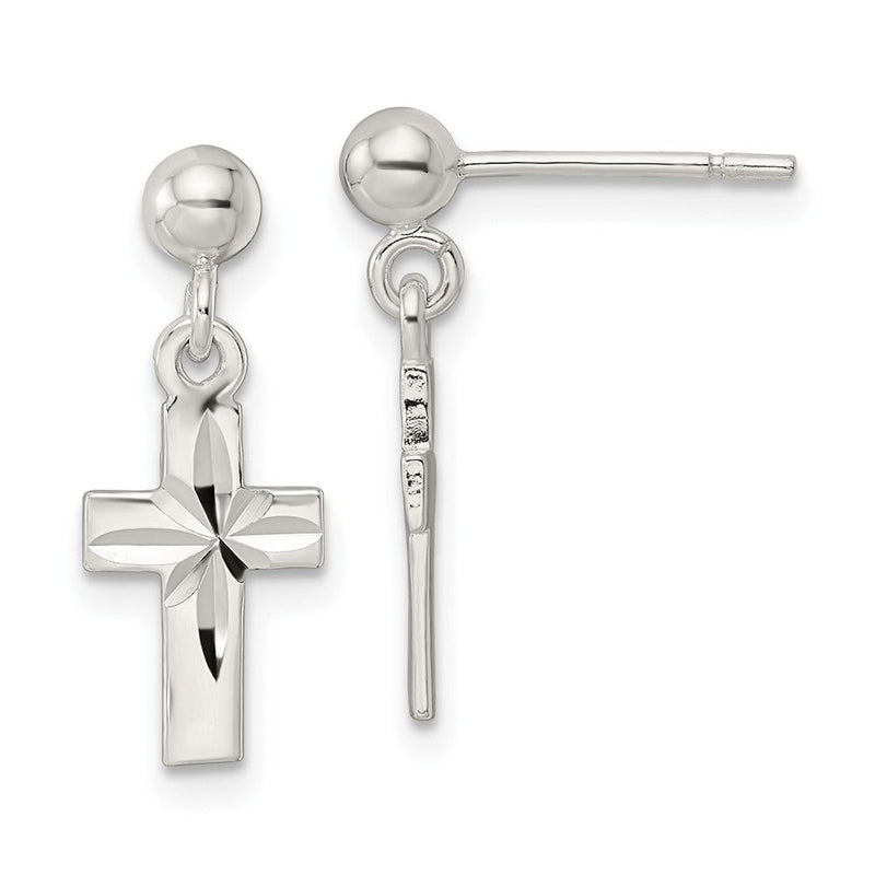 Sterlingsilber Poliert und Diamantiert Lateinisch Kreuz Stecker Ohrhänger