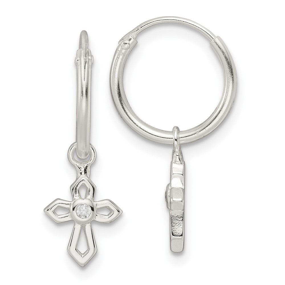 Sterlingsilber Poliert Zirkonia Passion Kreuz Hängend Endlos Creolen