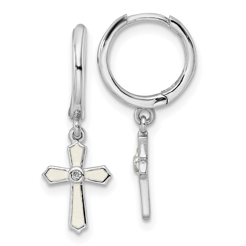 Sterlingsilber Rhodiniert Poliert Zirkonia & Weiß Emaille Passion Kreuz Hängend Rund Creolen