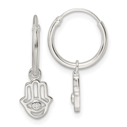 Sterlingsilber Poliert Zirkonia Hamsa Hängend Endlos Rund Creolen