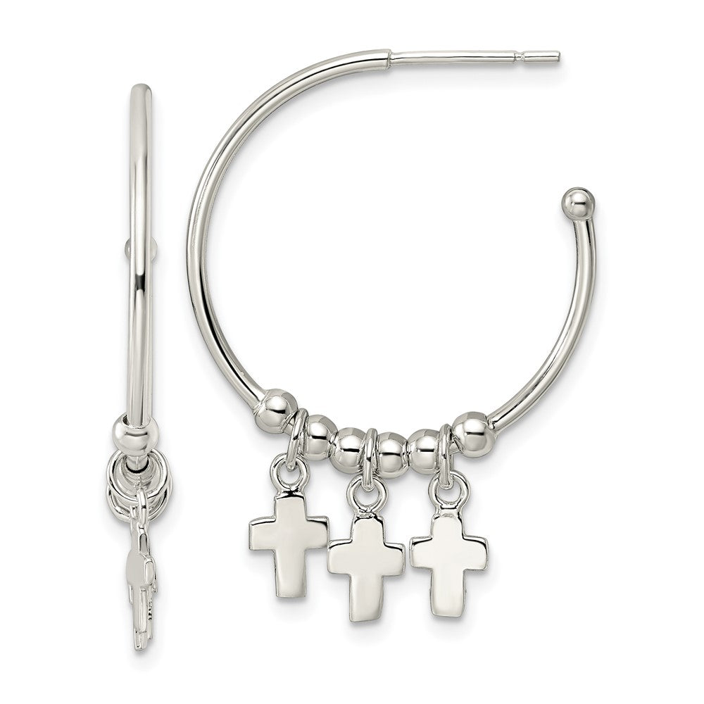 Sterlingsilber Poliert & Gekugelt Kreuz Hängend Stecker C- Creolen