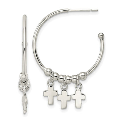 Sterlingsilber Poliert & Gekugelt Kreuz Hängend Stecker C- Creolen