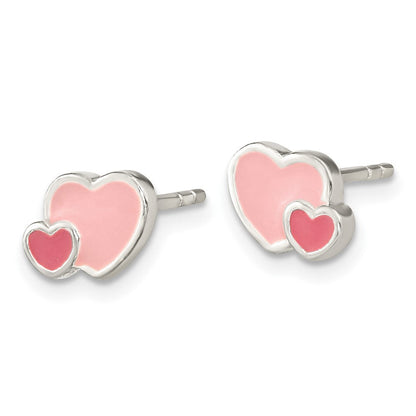 Sterlingsilber Rhodiniert Rosa Emaille Doppelt Herz Ohrstecker