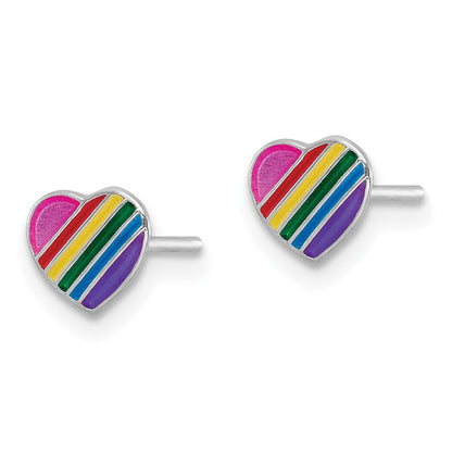 Sterlingsilber Rhodiniert Poliert Regenbogen Emailliert Herz Kinder Ohrstecker
