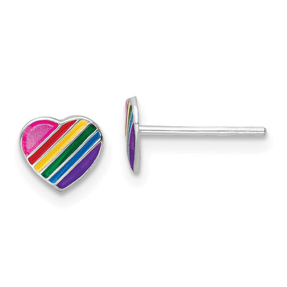 Sterlingsilber Rhodiniert Poliert Regenbogen Emailliert Herz Kinder Ohrstecker