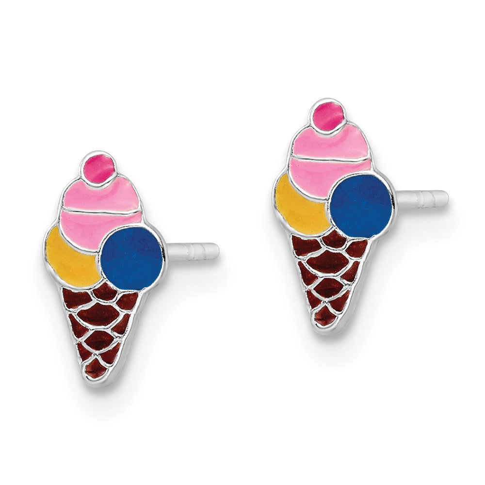 Sterlingsilber Rhodiniert Poliert & Mehrfarbig Emailliert Eis Cream Cone Kinder Ohrstecker