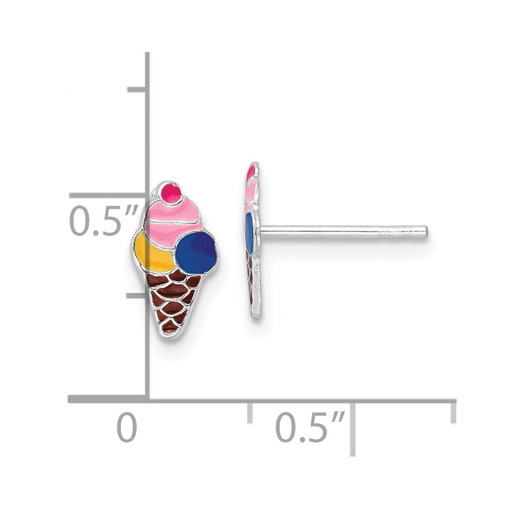 Sterlingsilber Rhodiniert Poliert & Mehrfarbig Emailliert Eis Cream Cone Kinder Ohrstecker