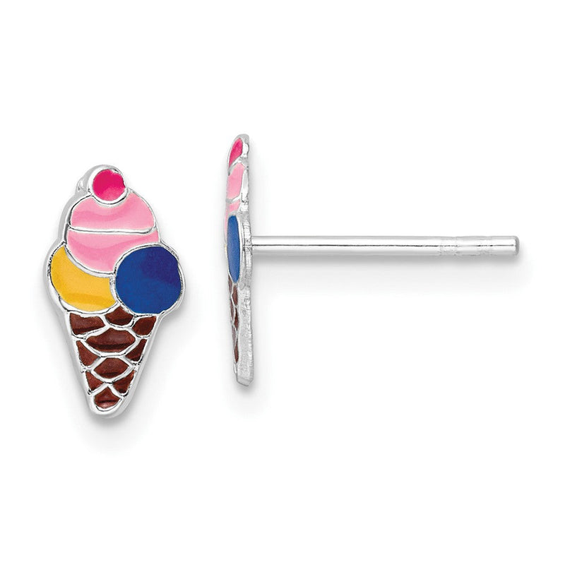 Sterlingsilber Rhodiniert Poliert & Mehrfarbig Emailliert Eis Cream Cone Kinder Ohrstecker