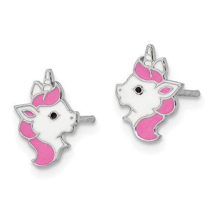 Sterlingsilber Rhodiniert Poliert Mehrfarbig Emaille Einhorn Kopf Kinder Ohrstecker