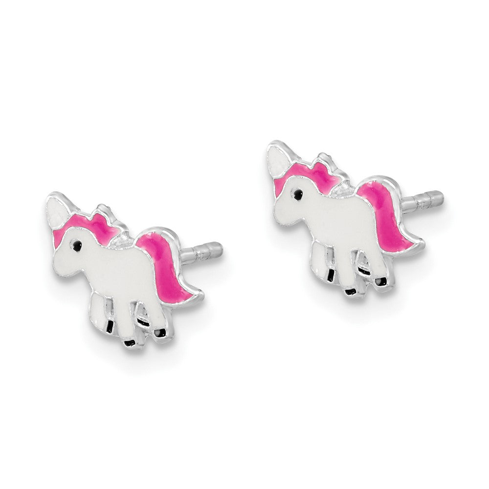 Sterlingsilber Rhodiniert Poliert Mehrfarbig Emailliert Rosa Einhorn Kinder Ohrstecker