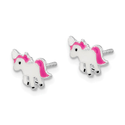 Sterlingsilber Rhodiniert Poliert Mehrfarbig Emailliert Rosa Einhorn Kinder Ohrstecker