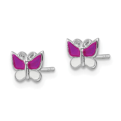 Sterlingsilber Rhodiniert Poliert Rosa & Weiß Emailliert Schmetterling Kinder Ohrstecker