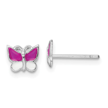 Sterlingsilber Rhodiniert Poliert Rosa & Weiß Emailliert Schmetterling Kinder Ohrstecker
