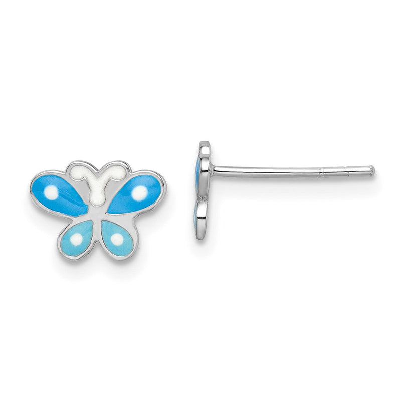 Sterlingsilber Rhodiniert Poliert Blau Emailliert Schmetterling Kinder Ohrstecker