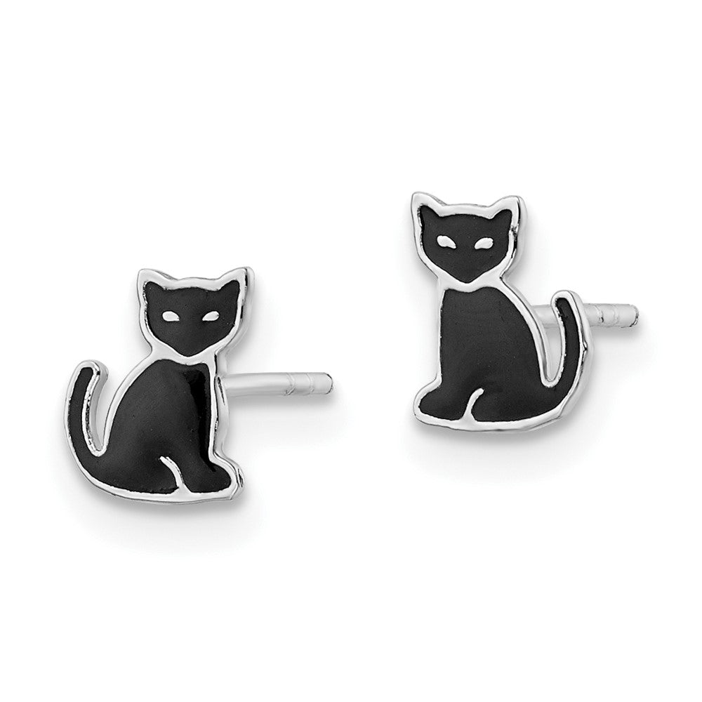 Sterlingsilber Rhodiniert Poliert Schwarz Emailliert Katze Ohrstecker