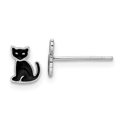 Sterlingsilber Rhodiniert Poliert Schwarz Emailliert Katze Ohrstecker