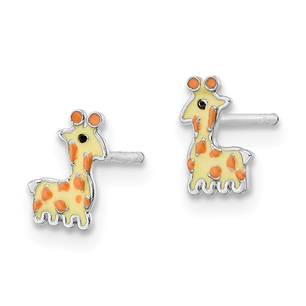 Sterlingsilber Rhodiniert Poliert & Gelb, Orange Schwarz Emailliert Giraffe Kinder Ohrstecker