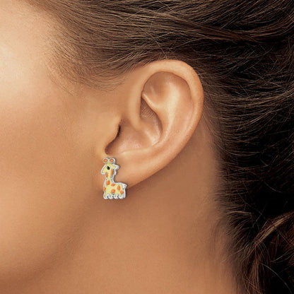 Sterlingsilber Rhodiniert Poliert & Gelb, Orange Schwarz Emailliert Giraffe Kinder Ohrstecker