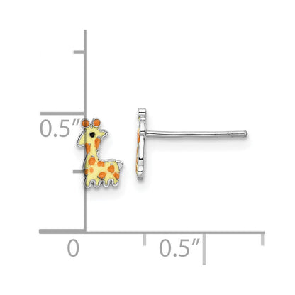 Sterlingsilber Rhodiniert Poliert & Gelb, Orange Schwarz Emailliert Giraffe Kinder Ohrstecker