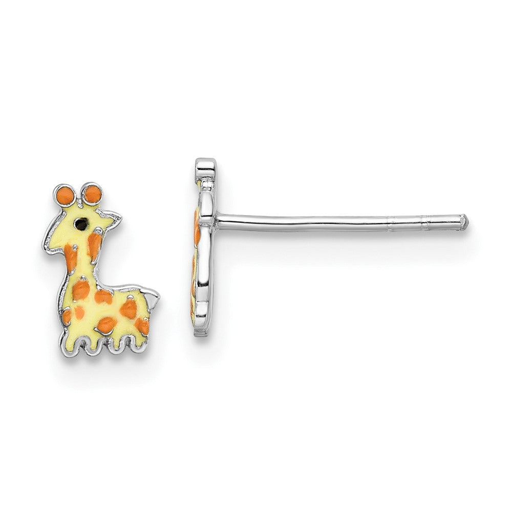 Sterlingsilber Rhodiniert Poliert & Gelb, Orange Schwarz Emailliert Giraffe Kinder Ohrstecker
