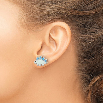 Sterlingsilber Rhodiniert Poliert & Blau/black Emailliert Dinosaur Kinder Ohrstecker