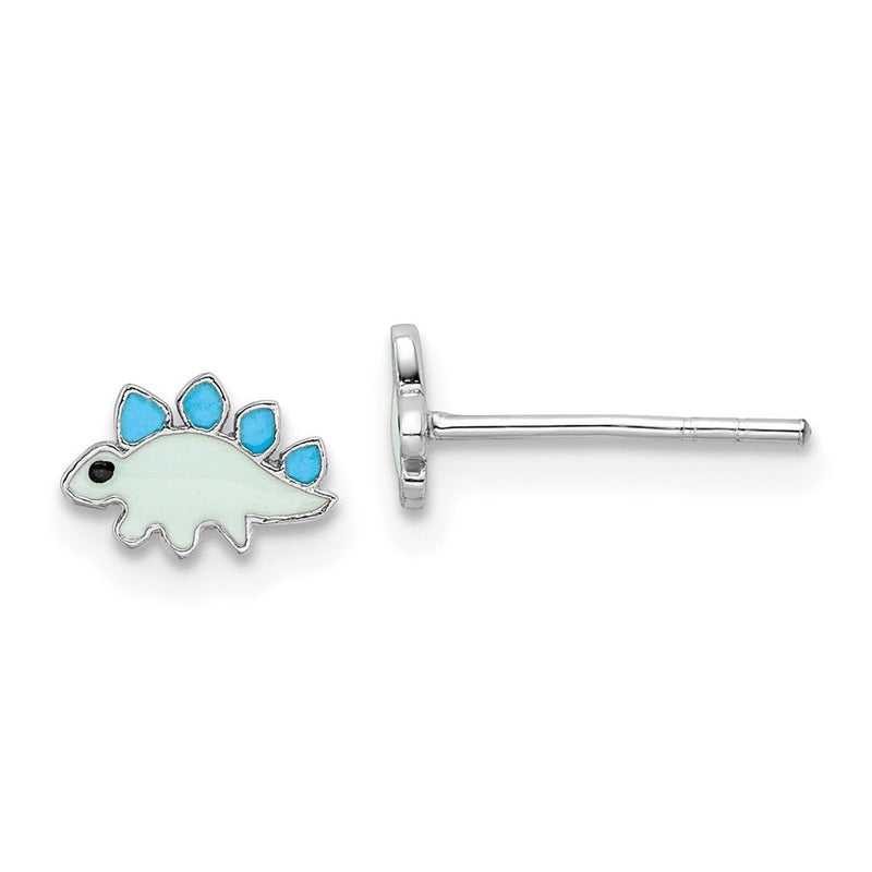 Sterlingsilber Rhodiniert Poliert & Blau/black Emailliert Dinosaur Kinder Ohrstecker