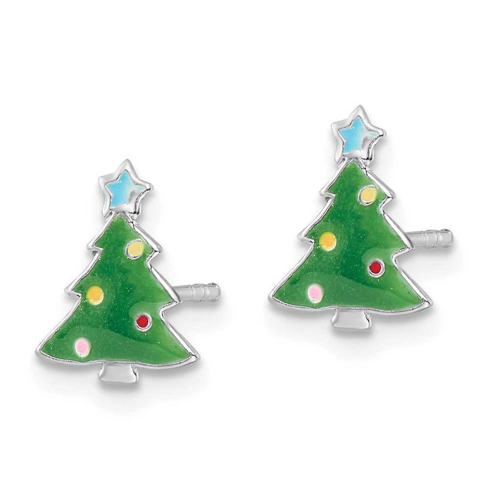 Sterlingsilber Rhodiniert Poliert Mehrfarbig Emailliert Weihnachten Baum Kinder Ohrstecker